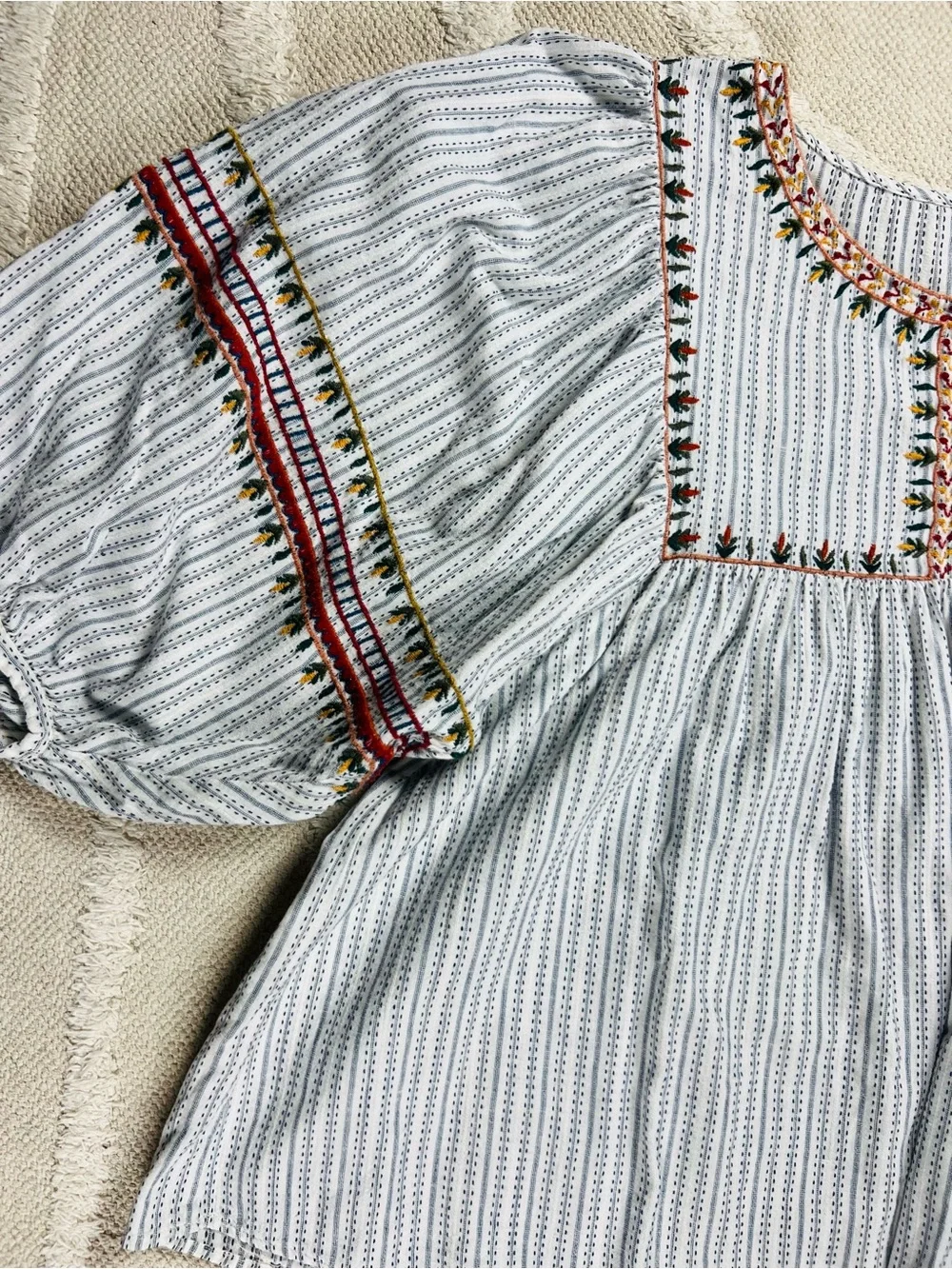 Zara TRF Embroidered Striped Peasant Blouse – Boho Blue & White – XL